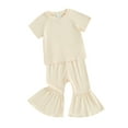 thumbnail image 2 of Musuos Toddler Girl Summer Outfits 1-5T Short Sleeve Ribbed Knit Tops T-Shirts Solid Color Elastic Waist Flare Pants 2Pcs Clothes Set, 2 of 10