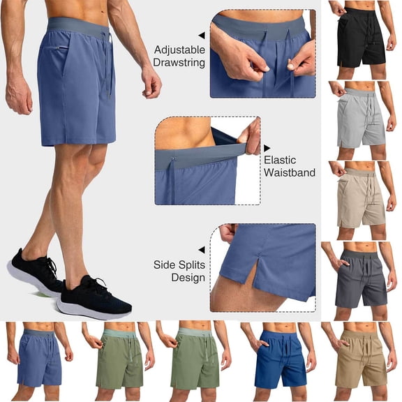Hinvhai Mens Shorts Casual Drawstring Zipper Pockets Elastic Waist Khaki XL(XL)