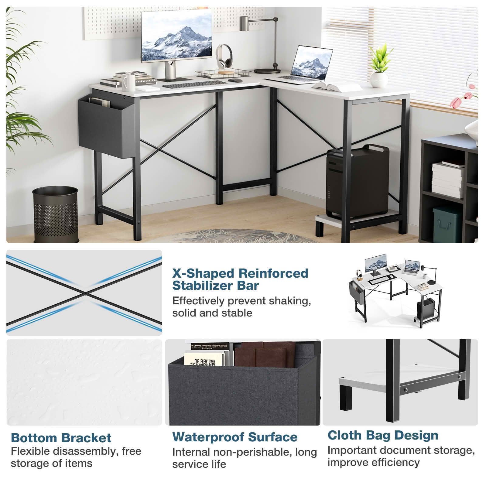 MAYEERTY 49in L-Shaped Computer Desk, CPU Stand Side Bag, Study Writing Workstation, White
