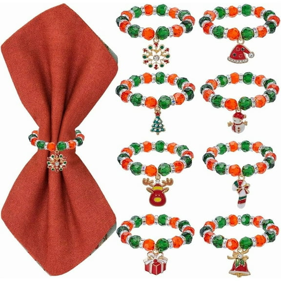 8 Sets Christmas Napkin Rings Napkin Holder Rings Xmas Napkin Ring Set Red Green Glass Beads Snowman Bell Charms Beaded Napkin Ring for Table Wedding Christmas Holiday Party Dinner Decor Colorful DIY