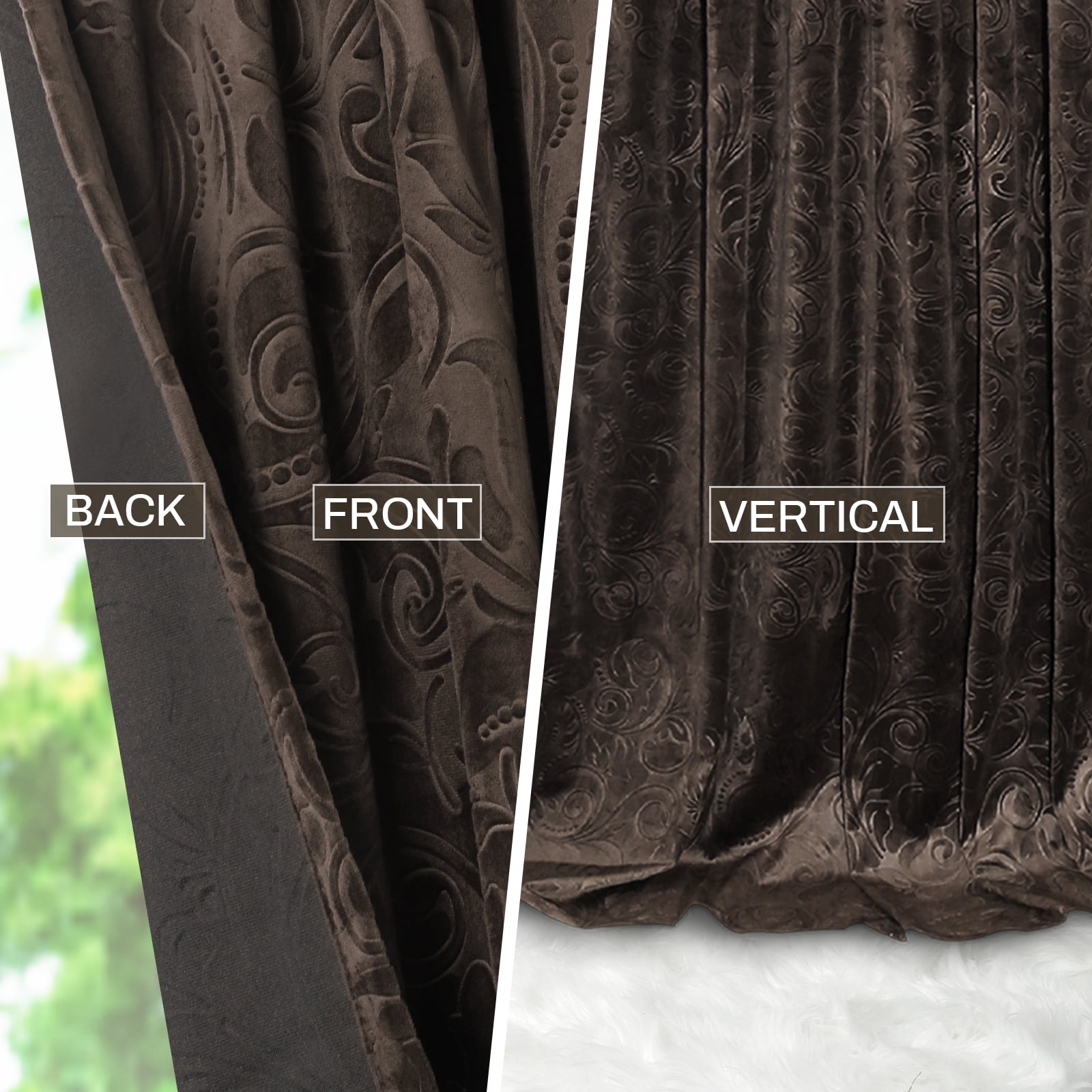 Lapalife Blackout Velvet Curtains, Scroll Floral Pattern Rod Pocket Thermal Insulated Velvet Curtain Drapes for Living Room, 2 Panels, 52"x 72", Toffee Brown