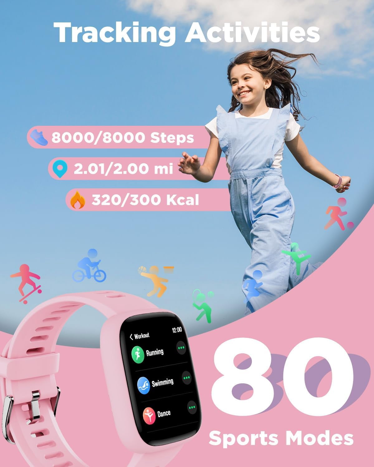 BIGGERFIVE Smart Watch for Kids, 1.8" Fitness Tracker Watch Pedometer, IP68 Waterproof, Sleep Monitor, Calorie Step Counter, 5 Puzzle Games with/Without APP for Girls Teens 5-16