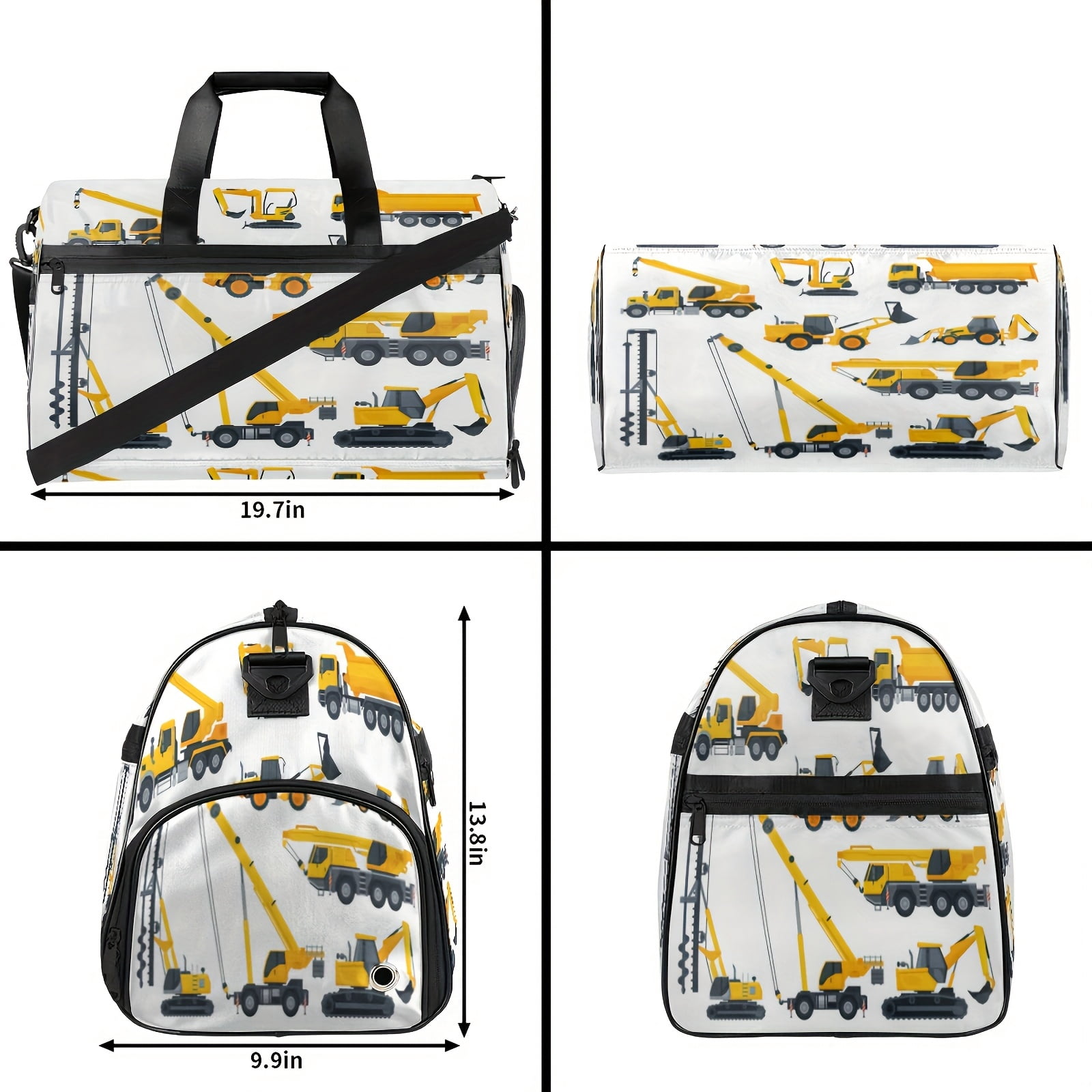 Construction vehicle pattern excavator theme fitness bag, large capacity sports training bag with independent shoe compartment, handbag