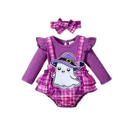 

FSDJHSDH Girls Halloween Romper Plaid Print Ghost Jumpsuits and Headband