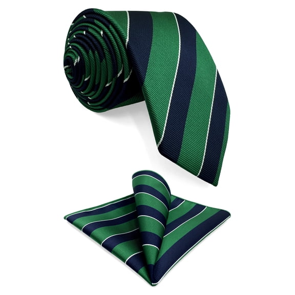 S&W SHLAX&WING Men's Ties Necktie Green Blue Stripe Classic Size 57.5" with Pocket Square