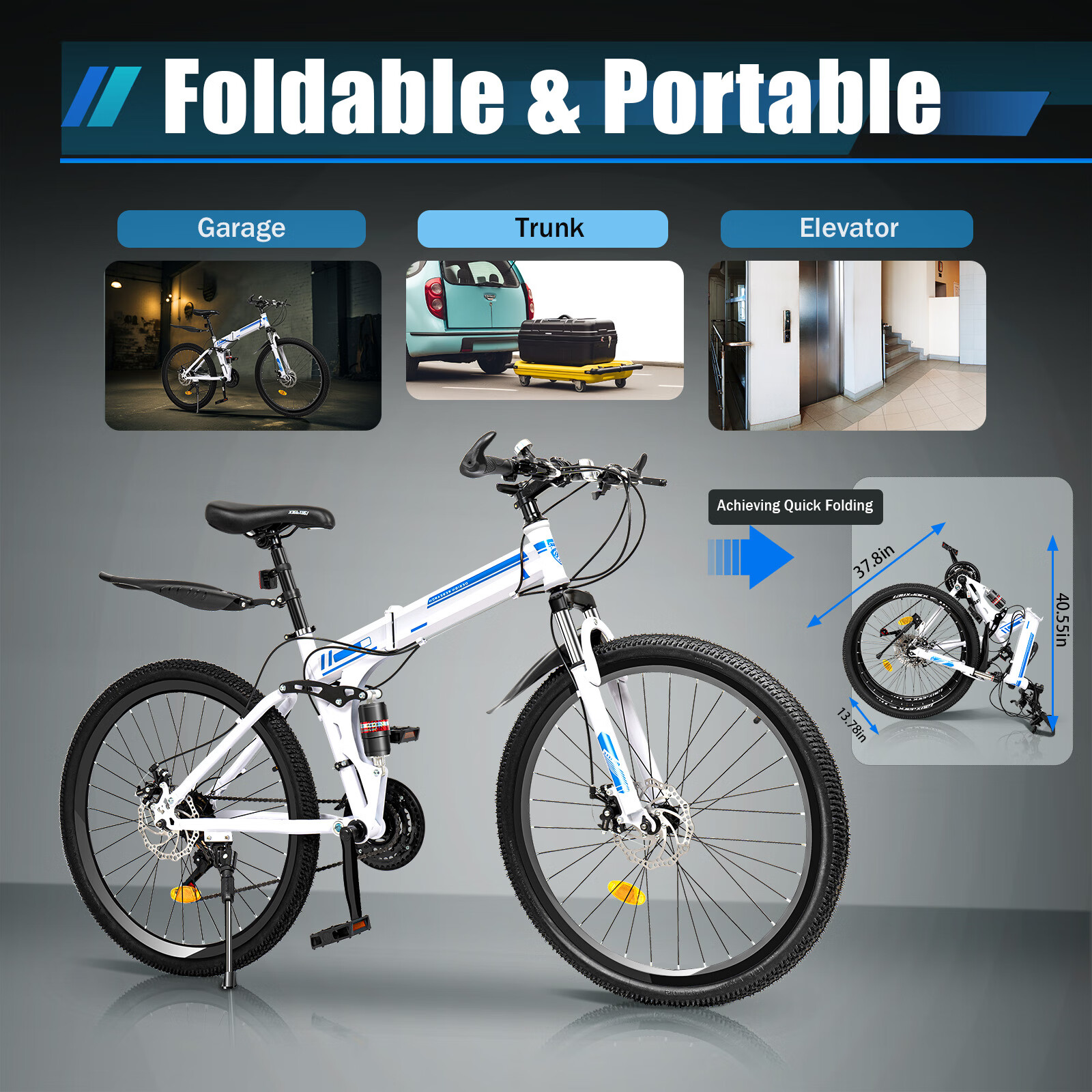 Aiqidi 26" Mountain Folding Bike with 21-Speed Gears Dual-Disc Brake Unisex Adult Mountain Bicycle Adjustable for Riding Traveling
