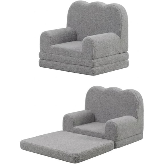 2-in-1 Convertible Kids Sofa Couch – Soft Fold-Out Toddler Chair & Lounger – Soft Stuffed Fleece, Comfortable Foam, Perfect for Playroom, Nursery, or Bedroom – Ideal Children's Gift – Grey
