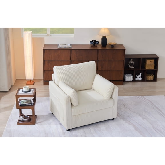 37.75" Corduroy Accent Chair with Side Storage Pockets, Modern Upholstered Single Sofa Armchair with 2 Pillows, Comfy Oversized Reading Chair for Living Room, Bedroom, Apartment,Beige
