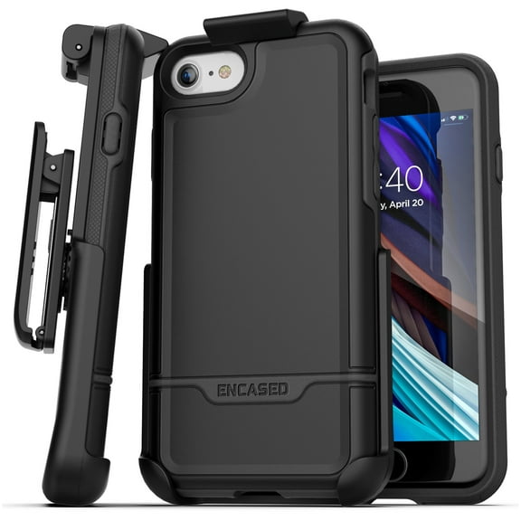 Encased iPhone SE Belt Clip Holster Case (2020/2022 Rebel Armor) Protective Rugged Full Body Cover with Holder (Black)