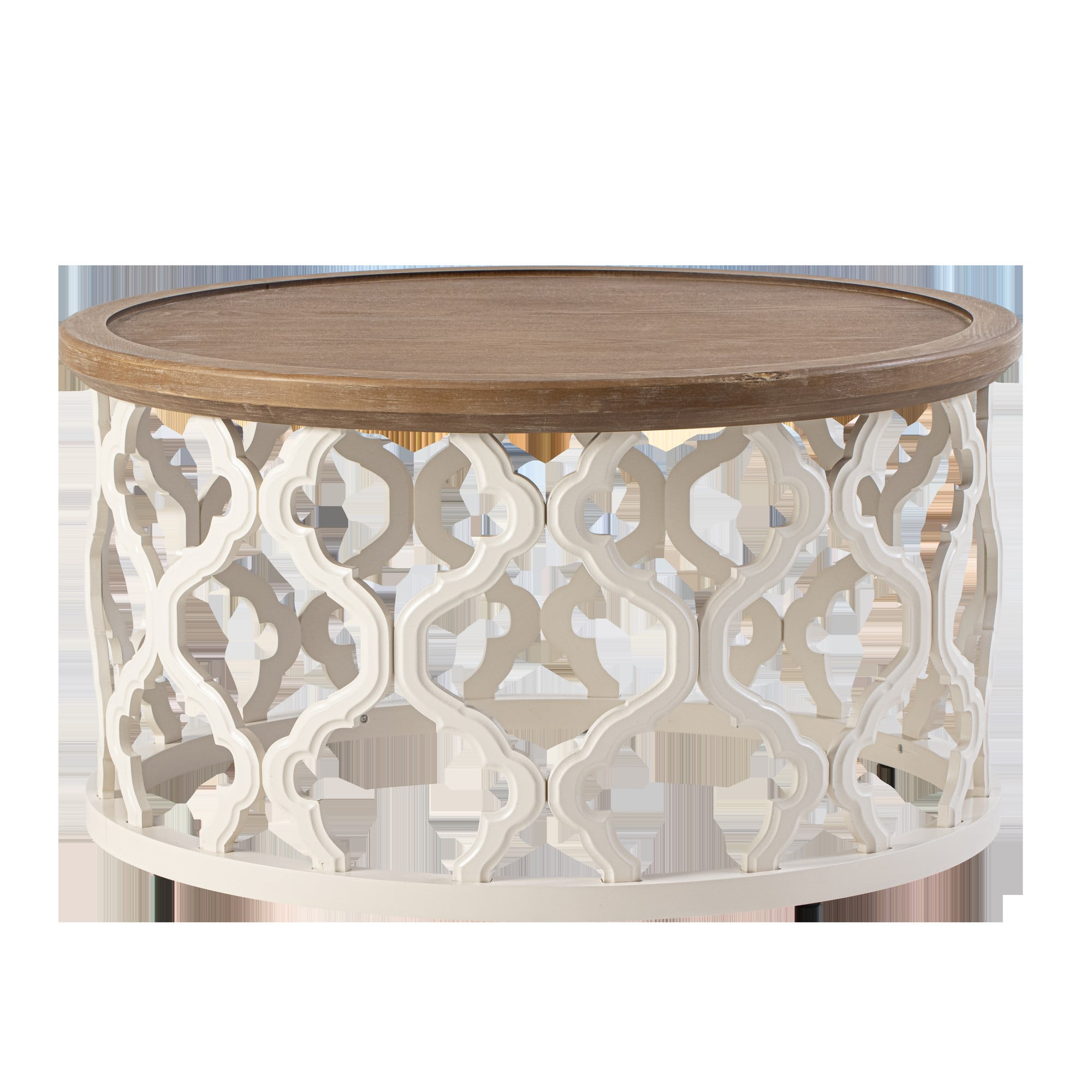 COZAYH Farmhouse Coffee Table, Distressed Tray Top Table with Curved Motif Frame Base for Boho, Rustic, French Country Decor, Round, White