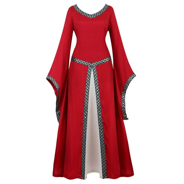 Lehauya Womens Renaissance Costumes Medieval Irish Dress Victorian Retro Gown Cosplay Long Dress Red 2X-Large