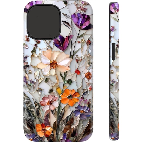 GJX for Iphone 15 Pro Max Case,Wireless Charging Compatible,Dual-Layer-Soft Silicone Inner Hard Outer Shell,Cute Wildflower Design,Protective Phone Cover for Women-Marble Pressed Flowers