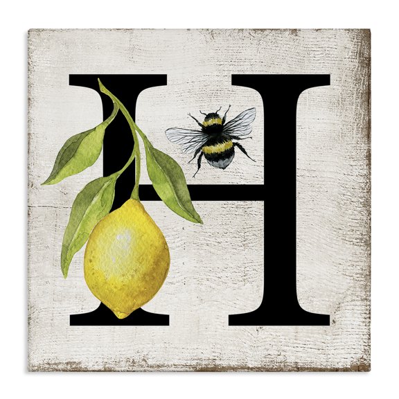 Stupell Industries Lemon & Bee H Letter Insects Painting Wrapped Canvas Art Print Wall Art, 17 x 17
