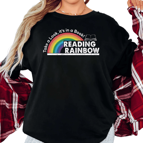 Women's Reading Rainbow Take a Look It's in a Book Graphic T Shirt Retro Rainbow Casual Short Sleeve Round Neck Top Black S-5XL
