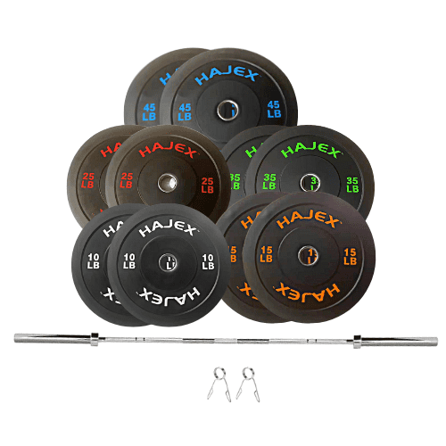 HAJEX Olympic Bumper Weight Plates Set with Barbell (6ft) - Pairs of 10 LB, 15 LB, 25 LB, 35 LB, 45 LB Weights - 260 LB Stack
