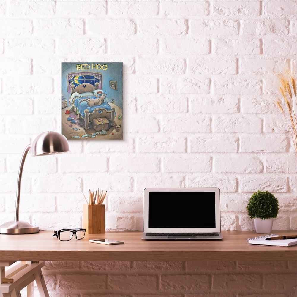 Bed Hog Funny Pet Dog Cartoon Design Stretched Canvas Wall Art by Gary Patterson