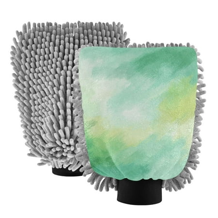 Microfiber Car Wash Gloves With Chenille & Polyester Terry Scratch-Free Cleaning Elastic Cuffs Abstract Green Watercolor