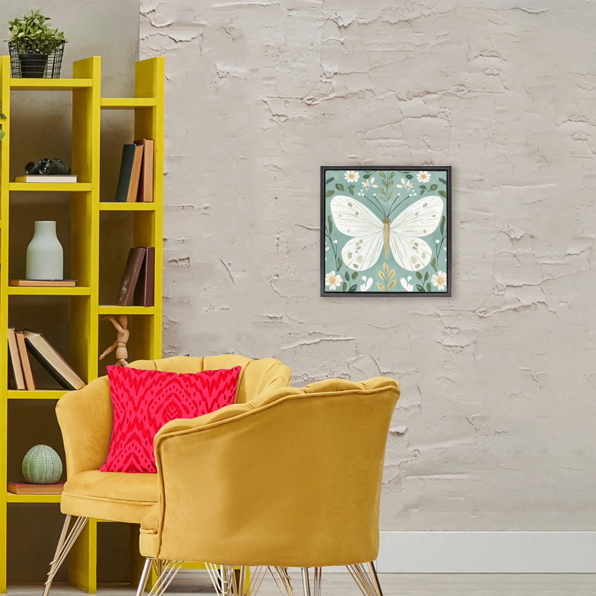 Stupell Industries Teal Butterfly Garden with Daisies Black Framed Floater Canvas Wall Art, design by Petal Prints Design