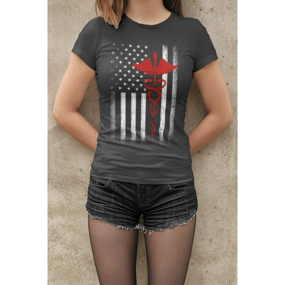 Ladies USA Flag Premium Ringspun Tee EMT Nurses Lives Matter Retro Vintage Dark Heather, Large