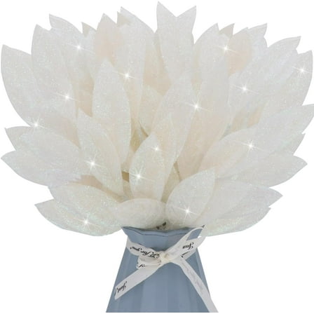 Artificial Glitter Leaves,13.1 inch Leaf Christmas Tree Picks Sparkling Sprays for Xmas Wreath DIY Crafts Home Arrangement Decor, White, 20 Pack