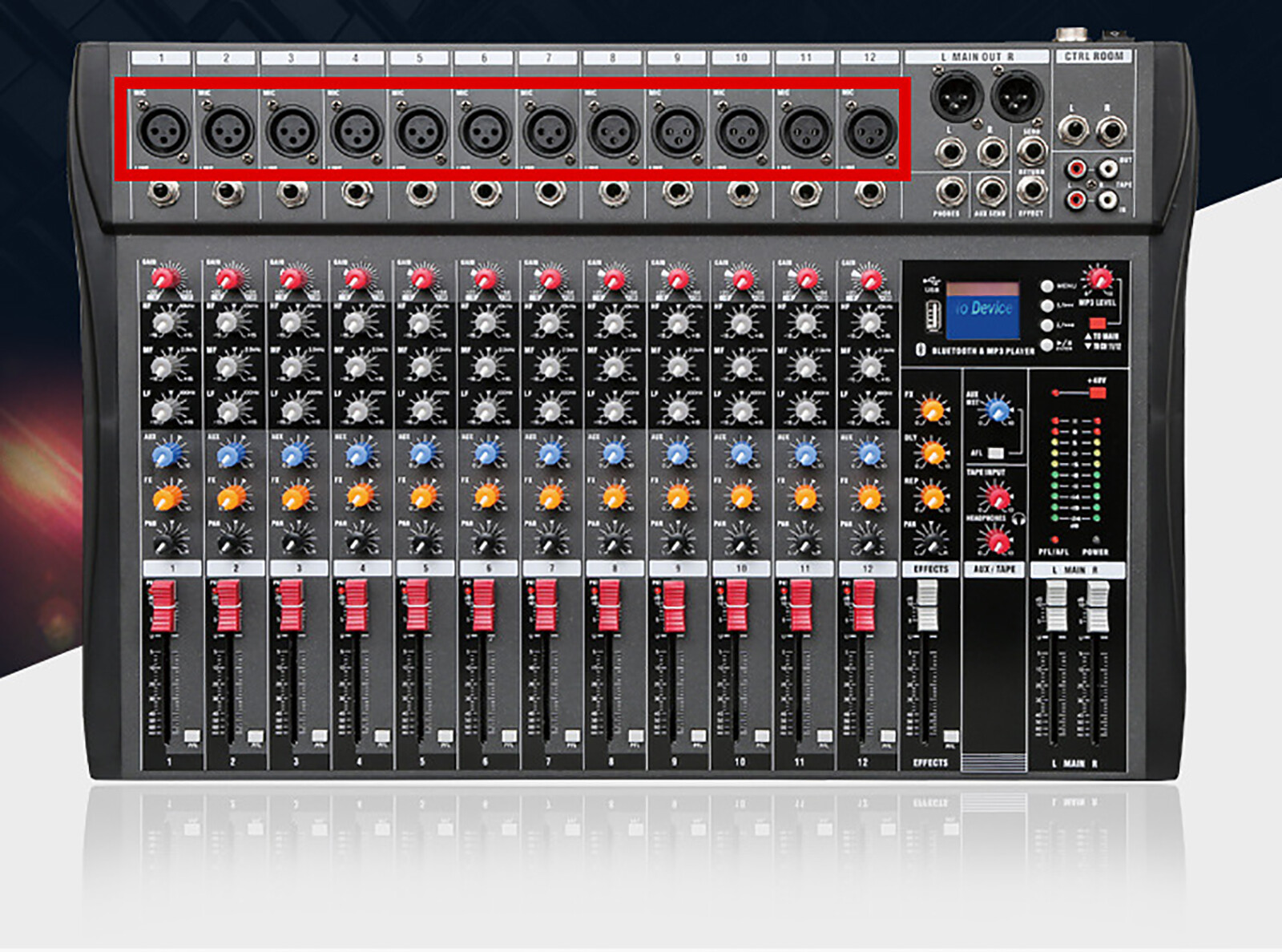 12-Channel Stereo Mixer, Professional BT Audio Mixer for Studio, DJ Sound Mixing Console with USB Interface 110V