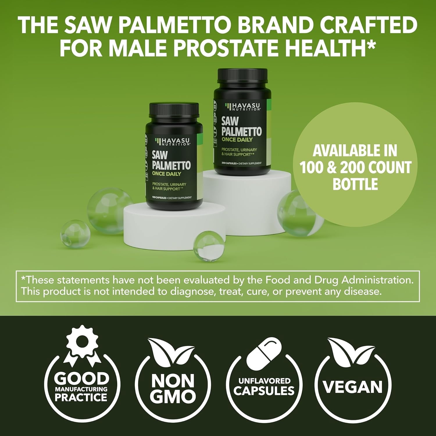 Havasu Nutrition Saw Palmetto Once Daily Capsules for Men, Hair & Prostate Health Support, 200 Count