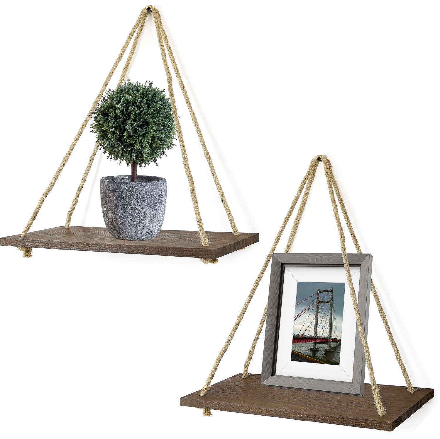 Greenco Decorative Rustic Wall Hanging Jute Rope Wood Floating Shelves