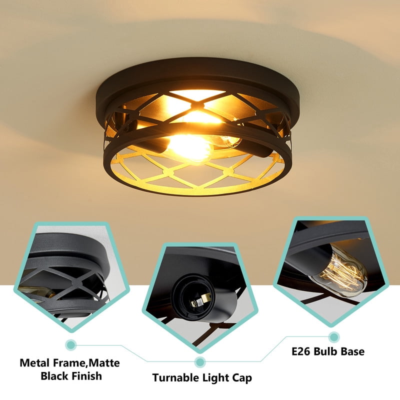 HKMGT Industrial Round Diamond Grid 2-Light Flush Mount Ceiling Light, Matte Black, E26 Base, for Kitchen Hallway Entryway (Bulbs Not Included)