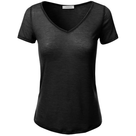 Doublju Womens Short Sleeve Basic V-Neck Casual T-Shirt Top With Plus Size BLACK