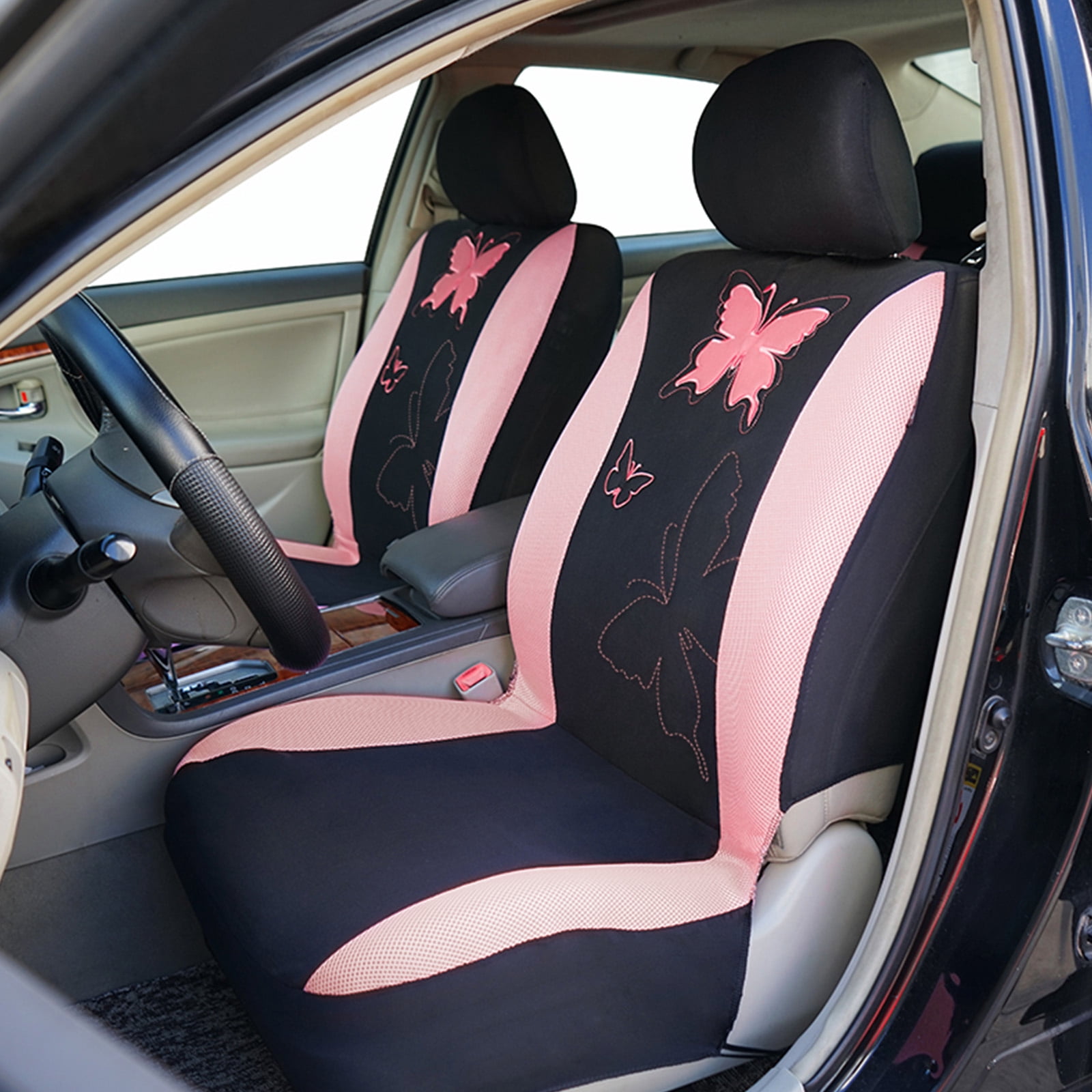 OTOEZ Butterfly Car Seat Cover, Breathable Cloth 5 Seats Full Set for Front & Rear Seat Protector, Universal fit Most Honda Toyota Chevy Ford Nissan Truck SUV, Pink