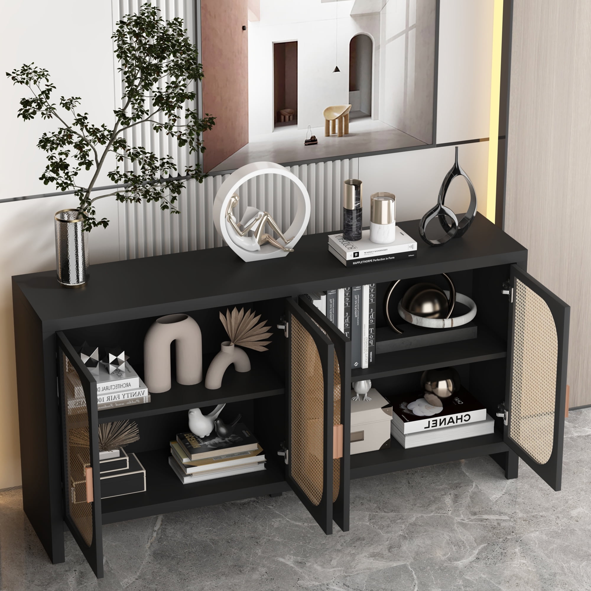Sideboard Cabinet with 4doors, Buffet Cabinet, Rattan Cabinets with Storage, Living Room