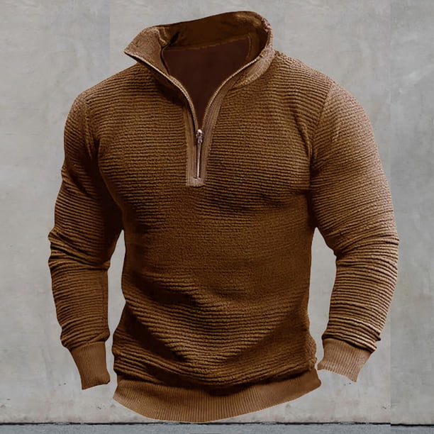 Blusa y camisa de manga larga con cuello alto para hombre, estilo casual, de color liso, con cremallera, manga larga, cuello alto y capucha, de poliéster.