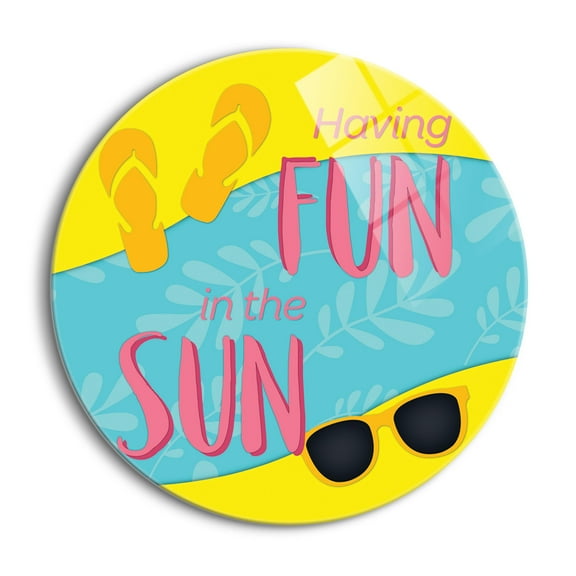 Having Fun Sun Yellow Flipflops Blue 24 inch Glass Wall Hanging Sign