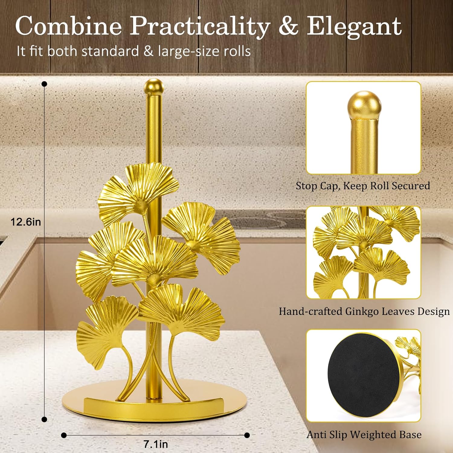 ThrottleT - Vintage Gold Ginkgo Paper Towel Holder Countertop - Gold Kitchen Decor and Accessories, Luxury Housewarming Gifts for Women, 3D Ornate Leaf Textured, Retro Design Home Decor