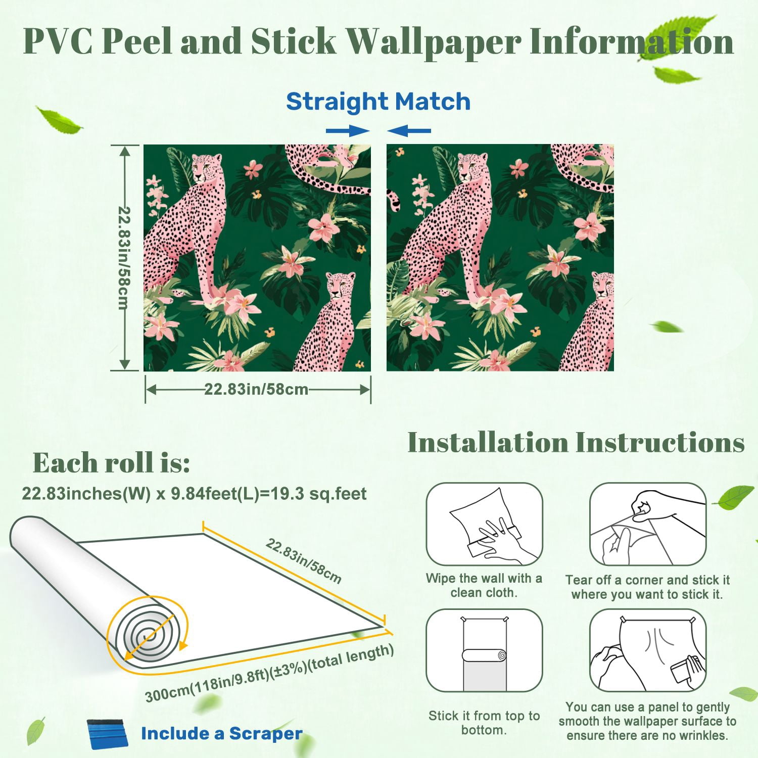 Peel and Stick Wallpaper seamless pink leopards flowers tropical leaves Trendy style 24in x 118in Contact Paper Removable Self Adhesive Wall Mural Wall Decor for Bedroom Kitchen Cabinets