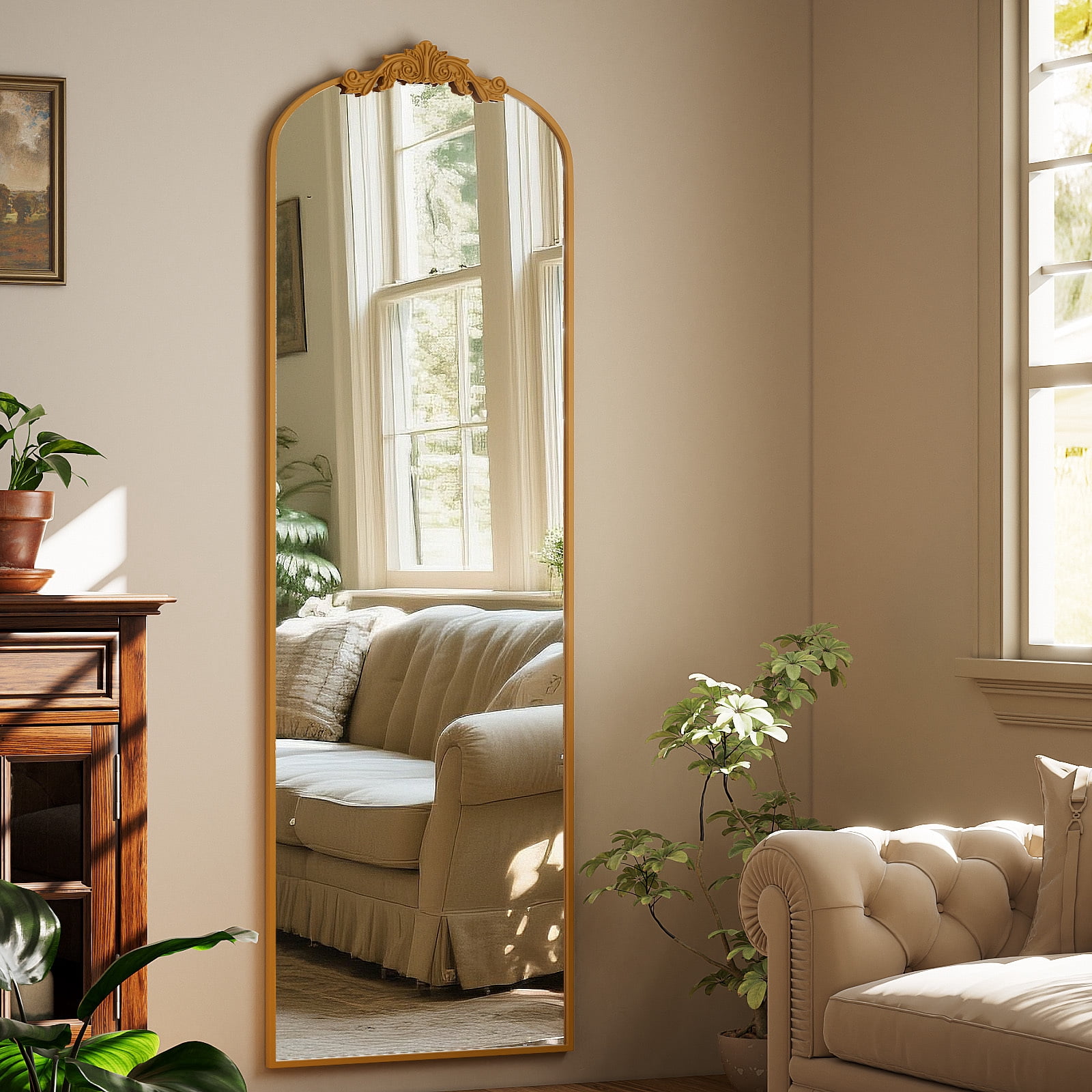 Anyrose 72"x 24" Baroque Full Length Mirror Arched Vintage Floor Mirror with Stand, Gold