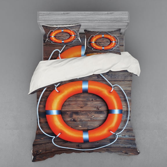 Ambesonne Nautical Bedding Set 4 Pcs, Wall Safety, Queen, Orange Grey Brown