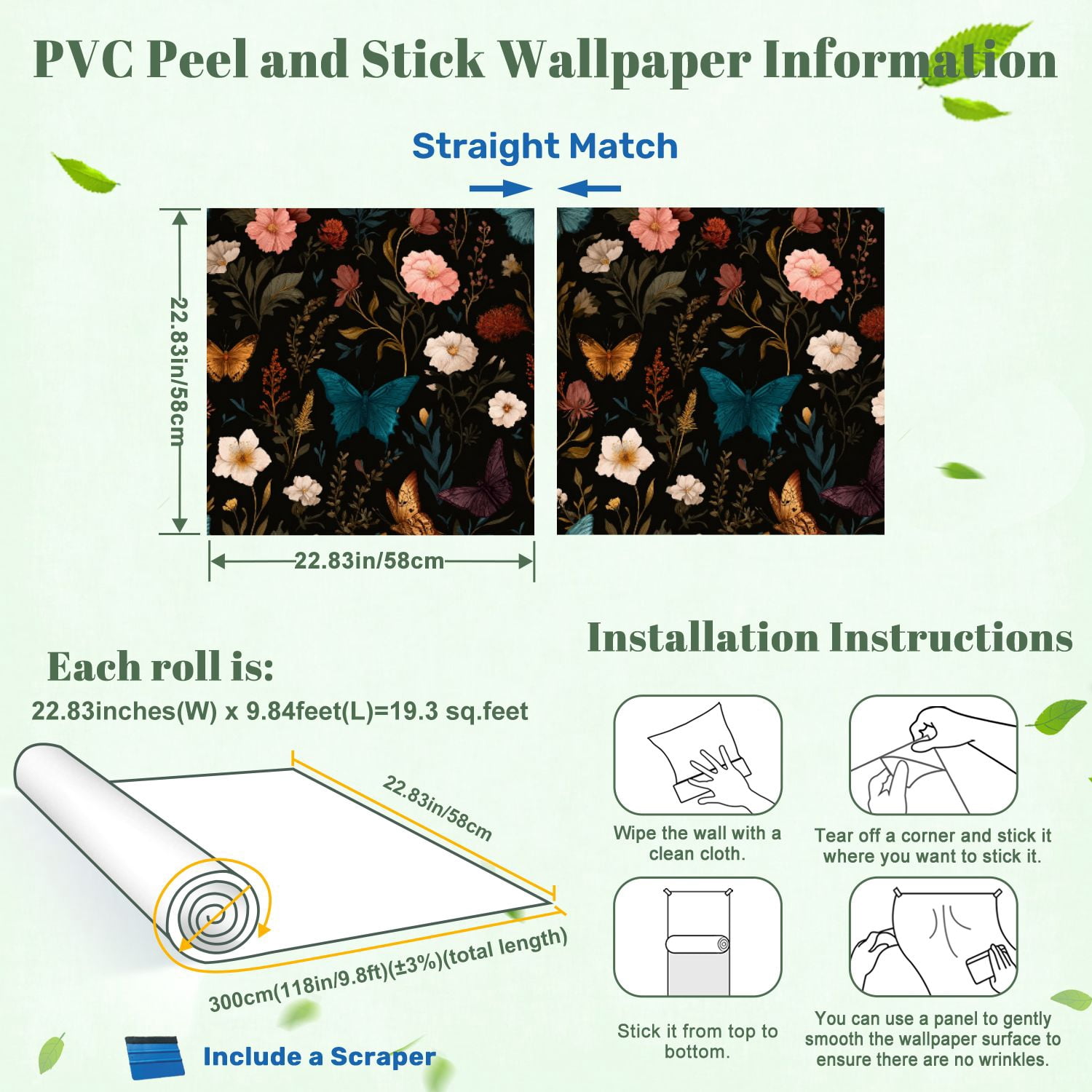 Peel and Stick Wallpaper Floral Botanical Butterflies Dark Elegant Vintage Style 24in x 118in Contact Paper Removable Self Adhesive Wall Mural Wall Decor for Bedroom Kitchen Cabinets