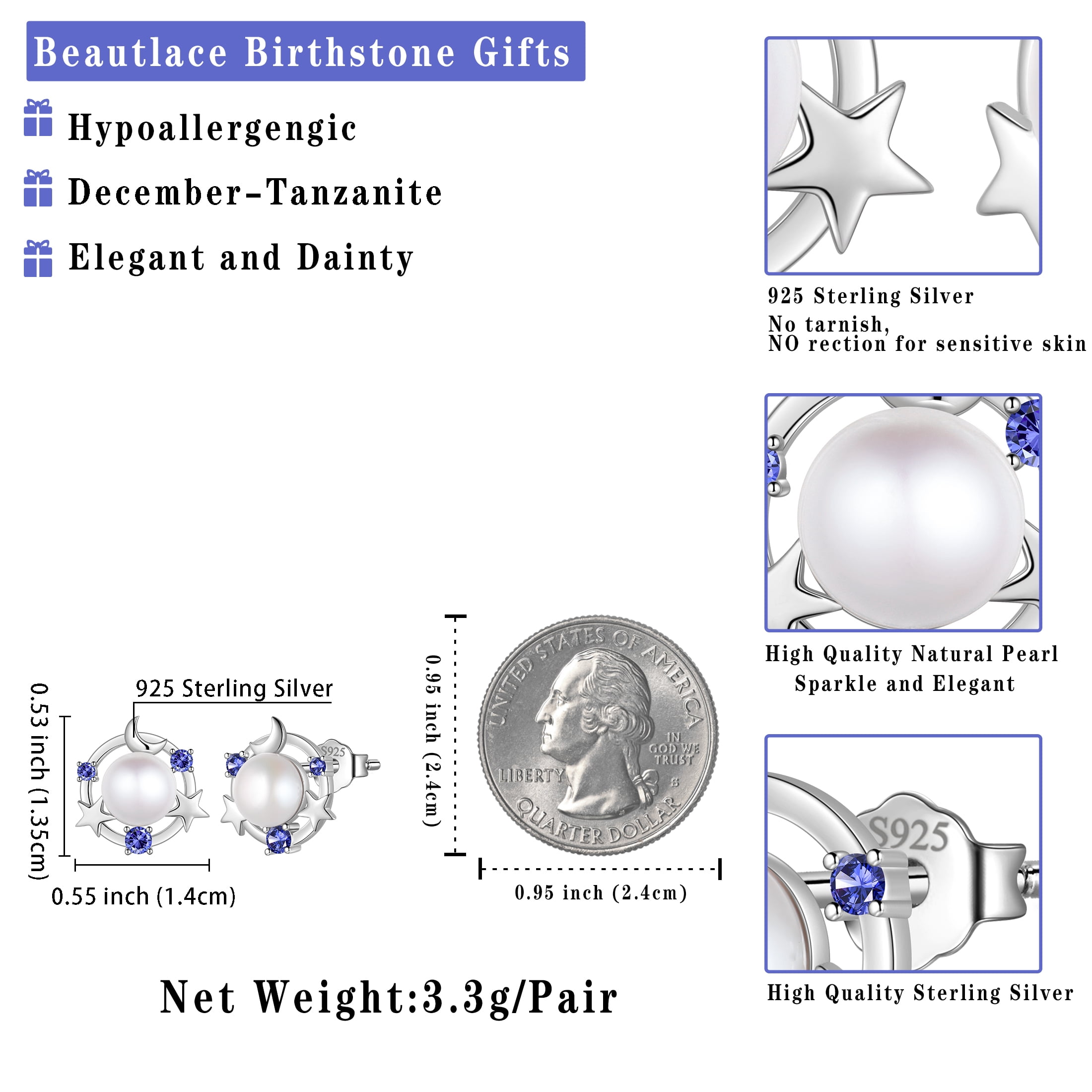 Beautlace 925 Sterling Silver Moon Star Stud Earrings, Natural Pearl Birthstone Earrings Jewelry,Birthday Christmas Anniversary Gift for Women/Mom/Wife