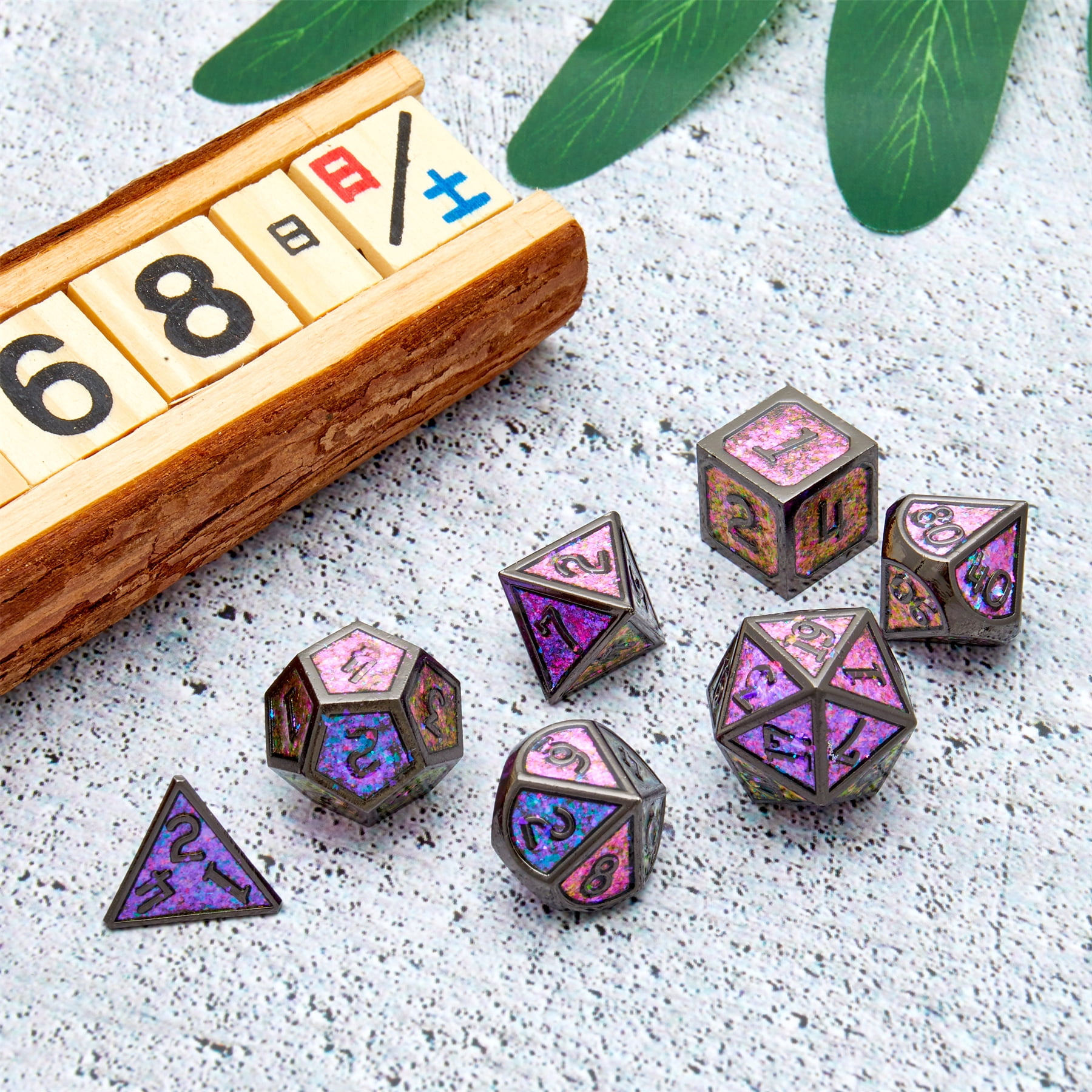 The DND Metal Polyhedral Dice Set, a 7-piece set, is perfect for Dungeons and Dragons role-playing board games and makes a wonderful holiday party gift and decoration.