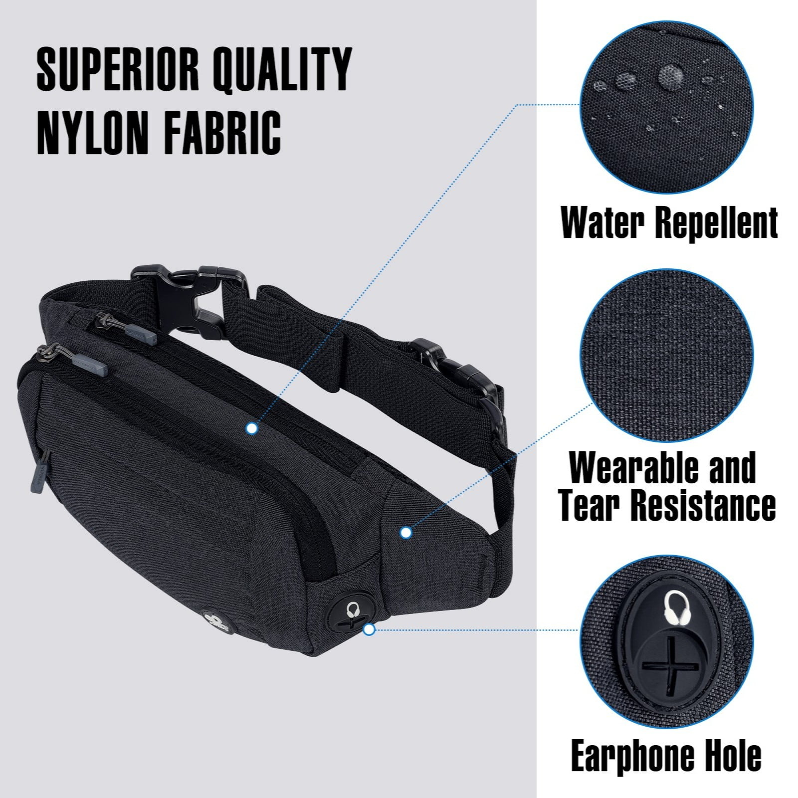 WATERFLY Unisex Lightweight Running Hiking Jogging Nylon Fanny Pack Waist Bag-Black