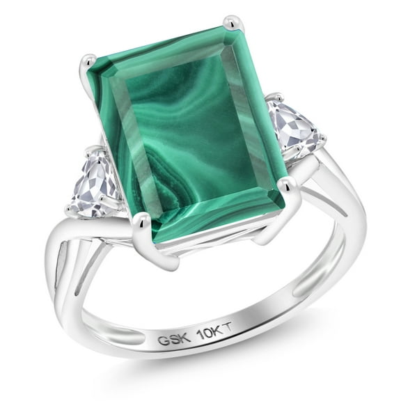 Gem Stone King 10.64 Cttw Green Malachite and White Created Sapphire 3-Stone Engagement Ring for Women | 10K White Gold | Emerald Cut 14X10MM | Trillion 4MM | Size 8