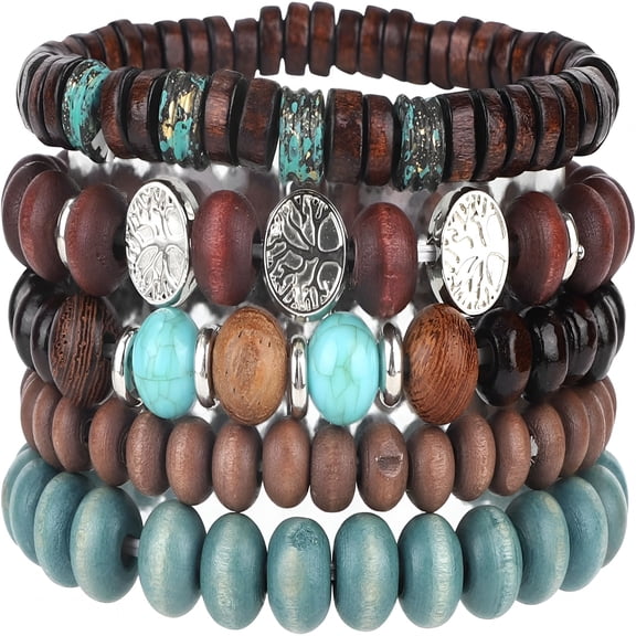 DESIGNICE 5Pcs Life Tree Beaded Bracelets for Women,Multilayer Boho Bracelets Stackable Handmade Wood & Alloy Bead Elastic Bracelet Jewelry Gifts for Women Men