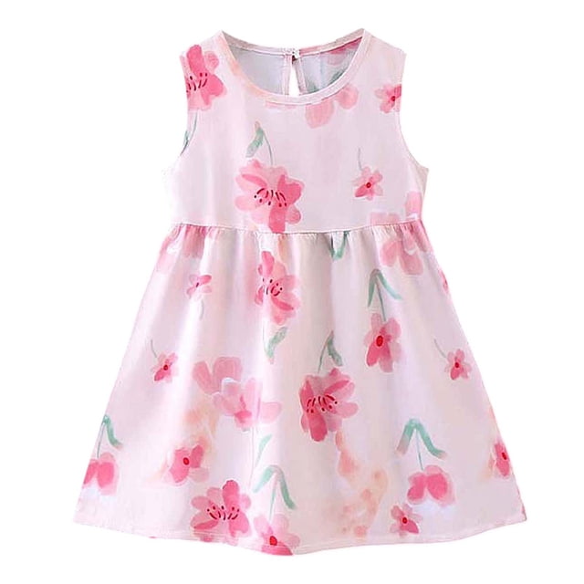 Robes pour Filles, Robe d'Été Sans Manches à Fleurs pour Enfants, Robe Décontractée pour Vacances à la Plage et Usage Quotidien, Rose 3 Ans-4 Ans