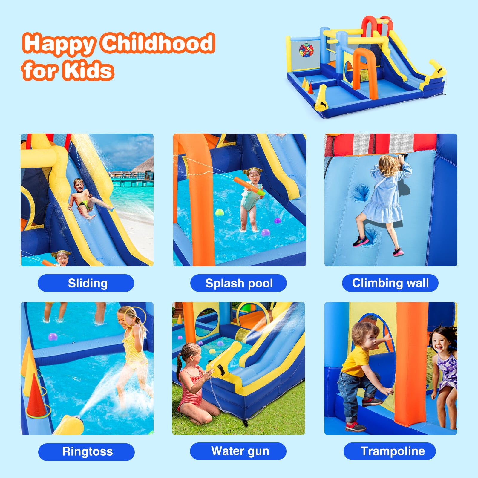 COSVALVE Kids Inflatable Water Slide Bounce House Jumping Climbing Playhouse with Splash Pool,Basketball Hoop,Water Cannons,550W Air Blower Indoor/Outdoor