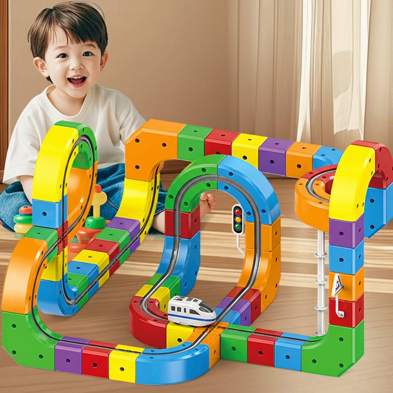 Electric Train Toys Set with 3D Magic Flexible Race Tracks, Snap-On Blocks Building Tracks Set for Boost Creativity and Skills (123 Pcs Random Color)