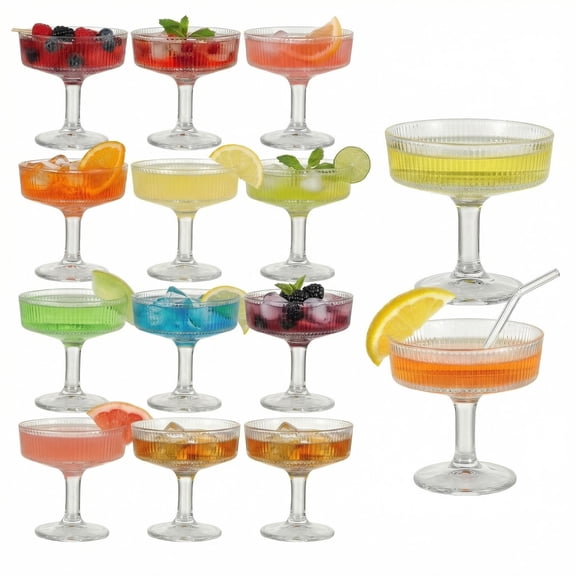 12 Pcs Ribbed Vintage Coupe Glasses 7 oz Martini Glasses Champagne Coupe Classic Cocktail Glassware Reusable Ribbed Glassware for Cocktail Martini European Style (Clear)