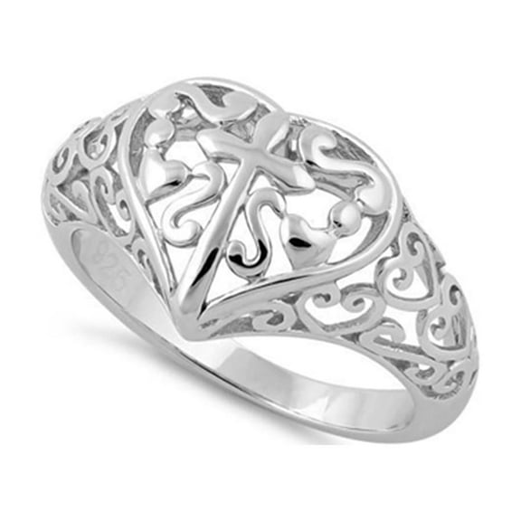 925 Sterling Silver Platinum Plated Cross And Multiple Hearts Women Valentines Day Gifts Ring