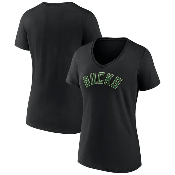 Women's Black Milwaukee Bucks Wordmark V-Neck T-Shirt