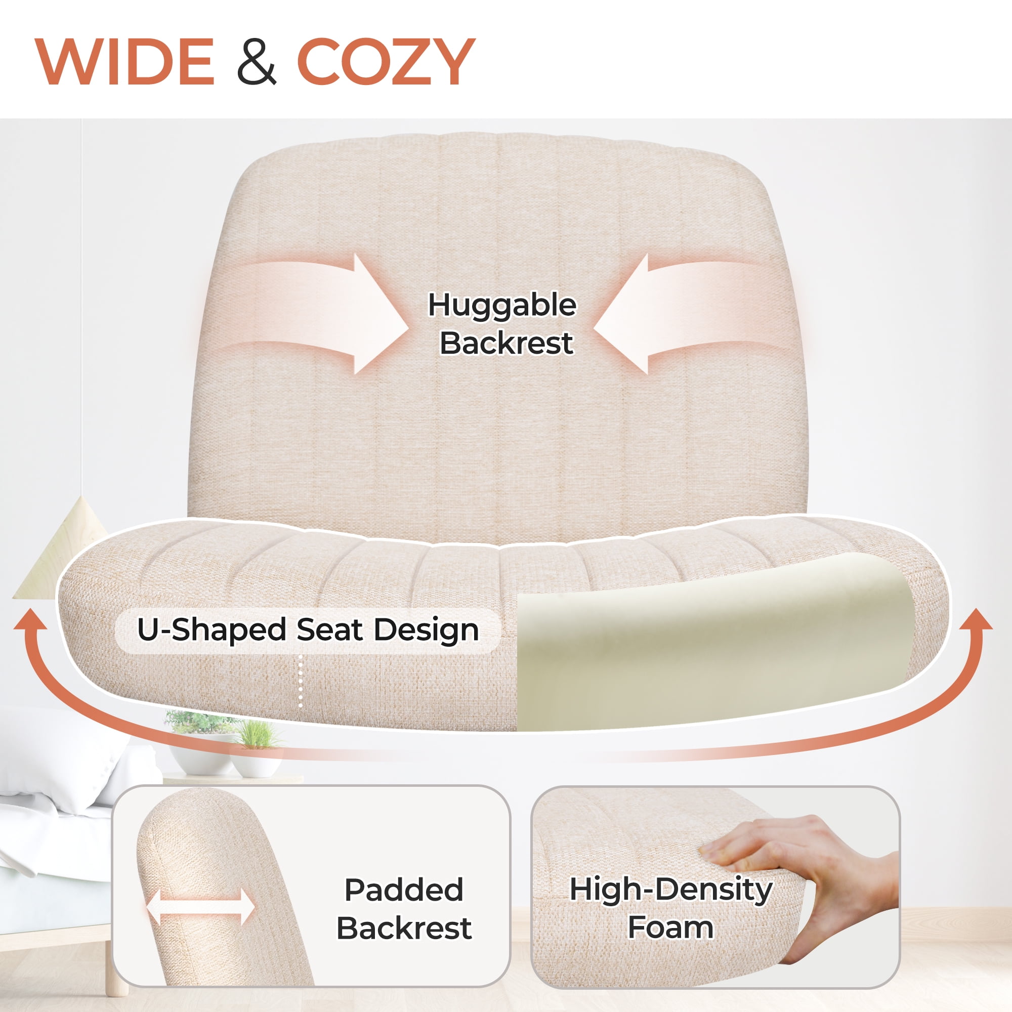 Orange Factory Criss Cross Chair No Wheel Wide Cross Legged Office Desk Vanity Chair Comfy Fabric Armless Adjustable Swivel for Home Computer Task (Beige No Wheel, Classic Fabric)